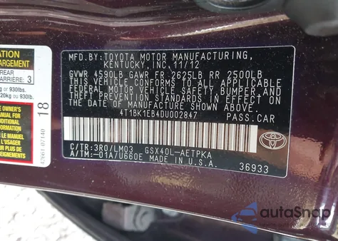 2013 Toyota Avalon Limited из США, поврежденный, VIN 4T1BK1EB4DU002847